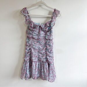 Astr Floral Ruched Mini Dress in Teal & Pink